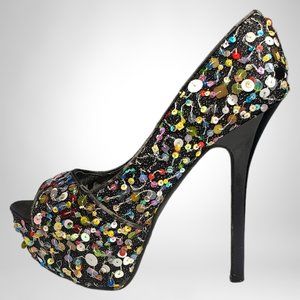 Carlos Santana Sexy Black Platform Pumps  with Sequins, Size: 7M